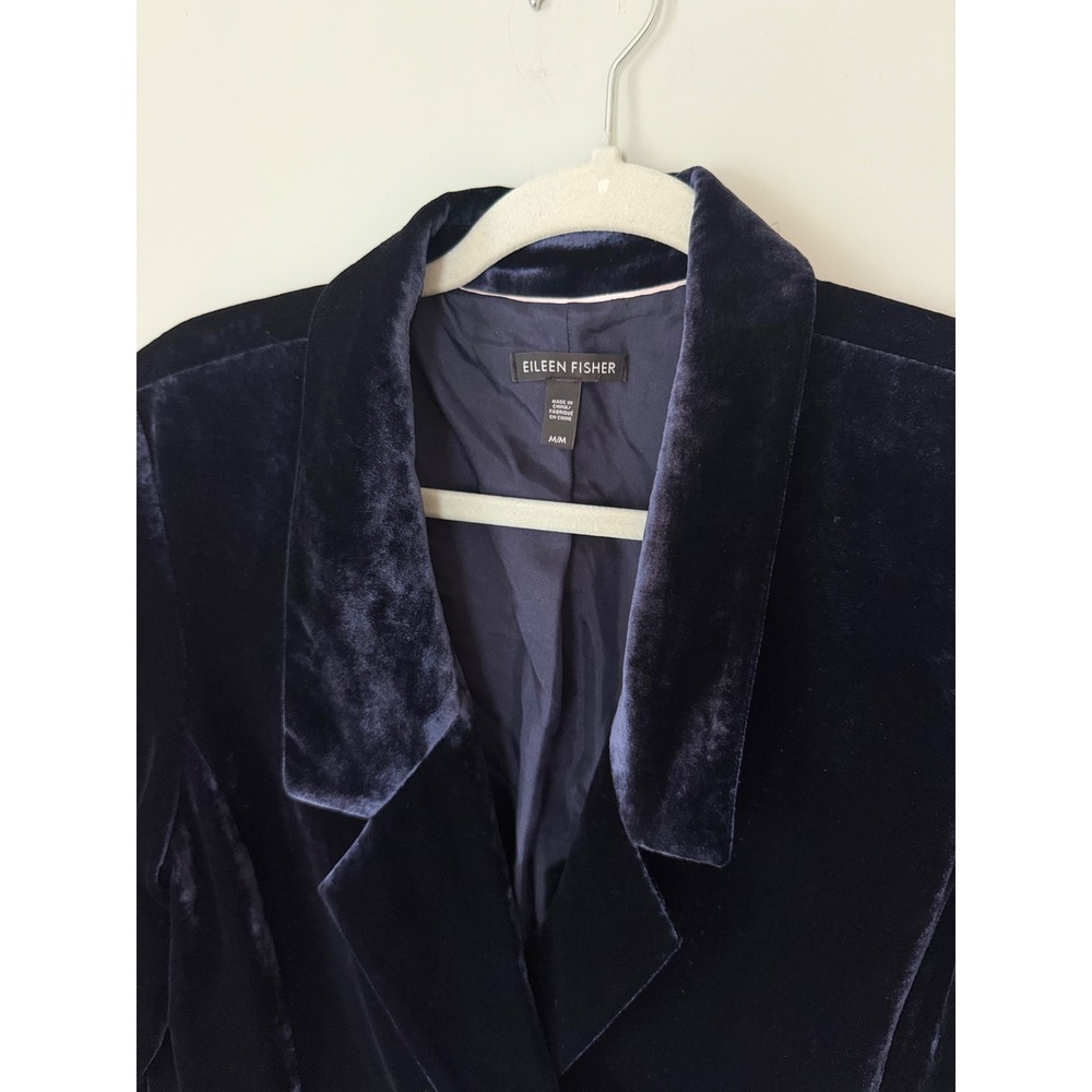 Eileen Fisher Midnight Blue Velvet Silk Blend Blazer Navy Longline Jacket Medium - Picture 4 of 9